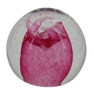 Caithness Pink Cauldron Swirled Bubble Round Paperweight 3in Signed CHG Scottish